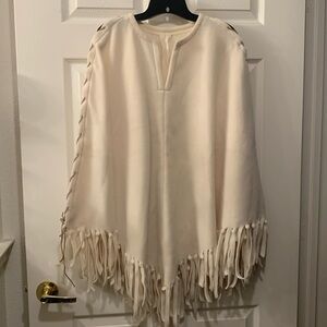 NEW PONCHO-HANDMADE FLEECE WINTER WHITE-FRINGE AND FAUX LEATHER LACES OSZ